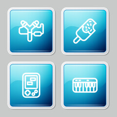 Set line Slingshot, Ice cream, Tetris electronic game and Music synthesizer icon. Vector
