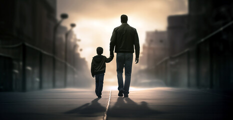 Silhouette of loving father walking side by side, holding hands with his son in the sunset in a smoggy, foggy, street. - obrazy, fototapety, plakaty