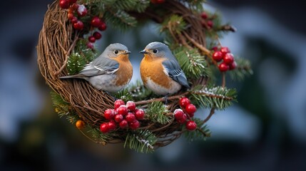 AI generated illustration of two robins perched on a wreath