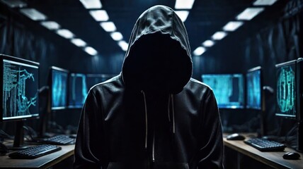 Cyber ​​crime concept, anonymous hacker wearing a hoodie in a basement with many computers for cyber attack