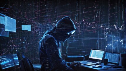 Cyber ​​crime concept, anonymous hacker wearing a hoodie in a basement with many computers for cyber attack