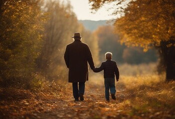 Grandfather and grandson walking in an autumn landscape.