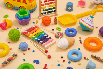 Set of different colorful cute toys. Kids toys composition and ice cream.