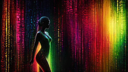 Binary Symphony: Fusion of Tech and Beauty - A Vibrant Canvas Illuminated by Cascading Colors of Binary Code, Creating the Silhouette of a Captivating Woman, the Dynamic Lines and Patterns Dance Toget