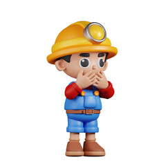 3d Character Miner Affraid Pose. 3d render isolated on transparent backdrop.