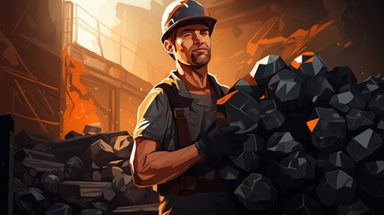 A satisfied miner in a helmet stands in a coal mine near a pile of extracted coal. - obrazy, fototapety, plakaty
