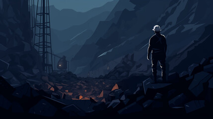 A satisfied miner in a helmet stands in a coal mine near a pile of extracted coal. - obrazy, fototapety, plakaty