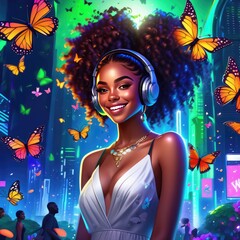 Obraz na płótnie Canvas Girl and butterflies. An African-American woman in a megalopolis. A girl with headphones listening to music, laughing surrounded by butterflies. The girl is in love, Butterflies in her stomach. Girl f