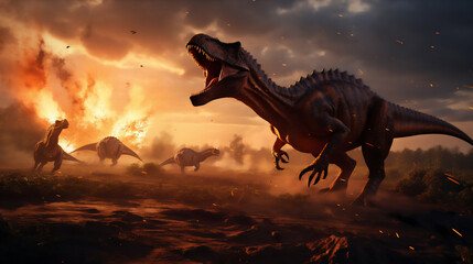 Illustration of the era of dinosaurs becoming extinct, ancient forest, meteors falling on the earth, dinosaurs running around, dramatic light and shadows, hyper realistic nature photo - obrazy, fototapety, plakaty
