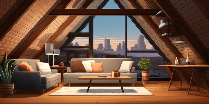 A modern attic or loft inside is a stylish and functional living space that has been designed to make the most of the unique characteristics of an attic.