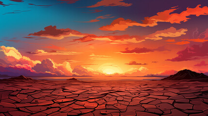 Illustration of a sunset over a cracked desert somewhere on Earth, due to the lack of water and rising air temperatures caused by global warming - obrazy, fototapety, plakaty