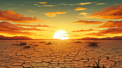 Illustration of a sunset over a cracked desert somewhere on Earth, due to the lack of water and rising air temperatures caused by global warming - obrazy, fototapety, plakaty