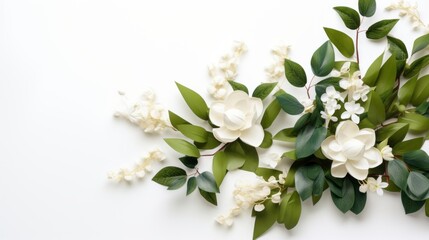 a minimalist arrangement of white flowers and green leaves against a white background, creating a serene and harmonious aesthetic.