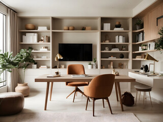 A stylish, minimalistic home office with a wall of built-in shelving, a modern desk, and abundant natural light.