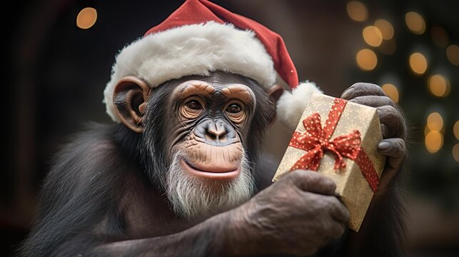 AI generated illustration of a monkey wearing a festive hat with a small gift box in its hands