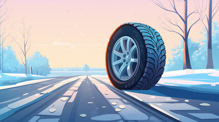 new winter tire in winter landscape - obrazy, fototapety, plakaty