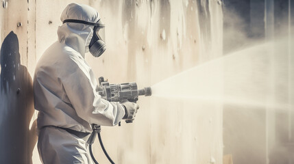 Worker painting wall with spray gun in white color - obrazy, fototapety, plakaty