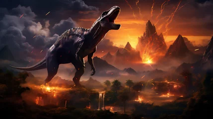 Keuken spatwand met foto Illustration of the era of dinosaurs becoming extinct, ancient forest, meteors falling on the earth, dinosaurs running around, dramatic light and shadows, hyper realistic nature photo © Maizal