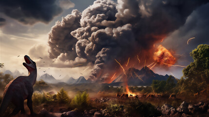 Fototapeta premium Illustration of the era of dinosaurs becoming extinct, ancient forest, meteors falling on the earth, dinosaurs running around, dramatic light and shadows, hyper realistic nature photo