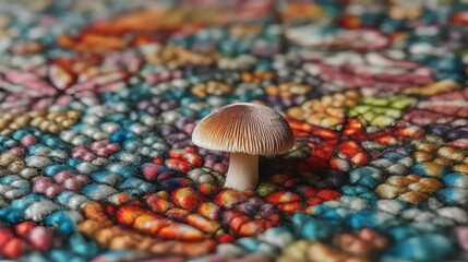 Mushroom on a colorful rug. AI-generated.