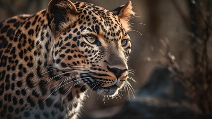 African leopard, standing in the wild with an intense, menacing expression. AI-generated.