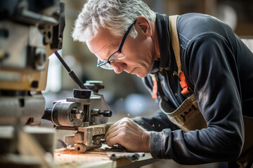 A senior man in his 60s wearing safety goggles, working in a shutter factory, He is using customized machinery for drilling joints into wood, The focus is on his face concentrating on his work