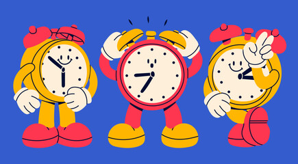 Set of three Alarm clocks. Cute funny mascot with face. Hand drawn trendy Vector illustration. Cartoon style wake up clock character. Isolated design elements. Poster, print, logo, icon templates - 672616940