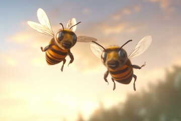 adorable bees flying together. Generative AI