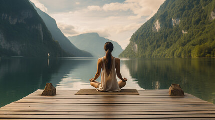 Young girl practicing yoga on a wooden pier with a view - obrazy, fototapety, plakaty
