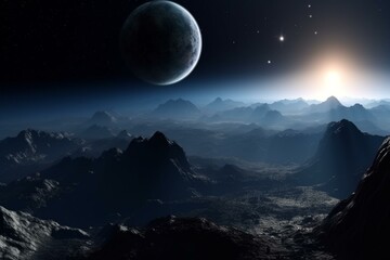 3D rendering of a panorama in space showing a distant planet system. Generative AI