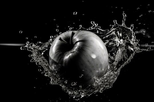 A close-up image of a fresh drop falling in water, creating a splash. An apple is captured in black and white. Generative AI