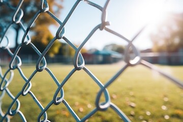 Fototapeta premium Chainlink wire mesh fence in front of the garden and lawn