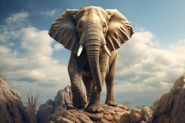 Fototapeta na wymiar A big elephant walks on a rocky mountain.