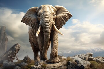 Fototapeta na wymiar A big elephant walks on a rocky mountain.