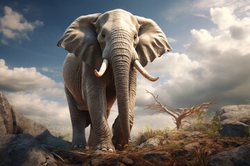 A big elephant walks on a rocky mountain. - obrazy, fototapety, plakaty