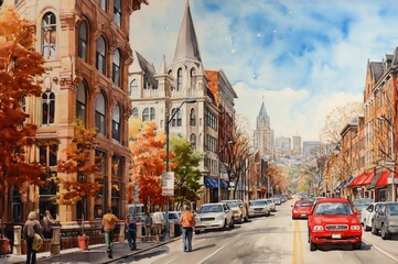 AI generated illustration of an oil painting depicting a bustling city street