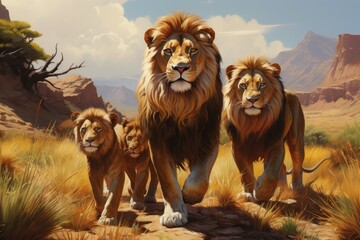 A group of lions running in the green forest field.