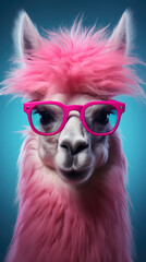 Portrait of a funny llama alpaca wearing pink glasses
