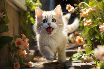 Funny happy cute cat running in the gardens