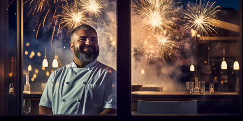 Chef in restaurant whites watching fireworks by window. - obrazy, fototapety, plakaty