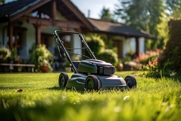 Fototapeta premium Male and female workers, lawn mowers, working with lawn mowers in the field