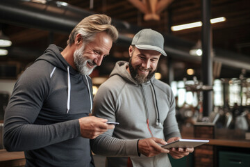 Happy male athlete with mentor coach looking at exercise progress in data on tablet. Male athlete with mentor coach talking about exercise progress at gym sport club.
