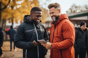 Happy male athlete with mentor coach looking at exercise progress in data on tablet. Male athlete with mentor coach talking about exercise progress at gym sport club. - obrazy, fototapety, plakaty