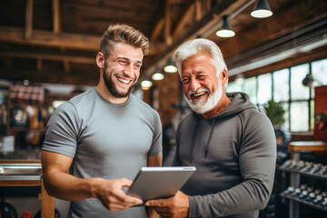 Happy male athlete with mentor coach looking at exercise progress in data on tablet. Male athlete with mentor coach talking about exercise progress at gym sport club.
