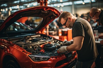 Male mechanic repairs the car engine in garage shop service.