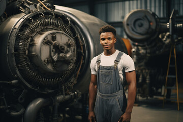 Fototapeta na wymiar African American mechanic standing near jet and looking at camera, side view