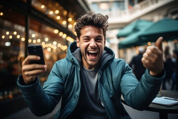 The overjoyed young man is happy and celebrates - obrazy, fototapety, plakaty