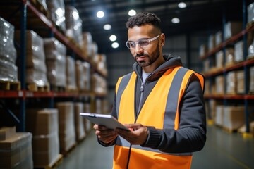 A man using tablets to check and analyze data in the warehouse