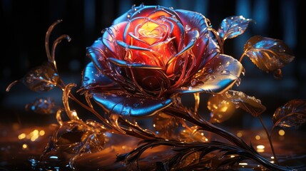 Wonderful fantasy magical bioluminescent rose flowers. Delicate rose flowers glow in the dark 3d wallpaper. Magic crystal rose. Surreal glowing 3D roses. 3D rendering. Generative AI.