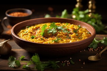 Indian food tarka dal red lentils curry dish on table wood - obrazy, fototapety, plakaty
